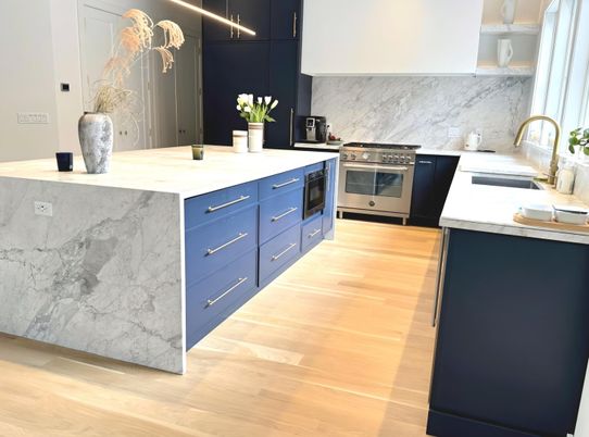 Interior, Kitchen, Marble Walls, Stainless Steel Appliances, Wood Texture Flooring