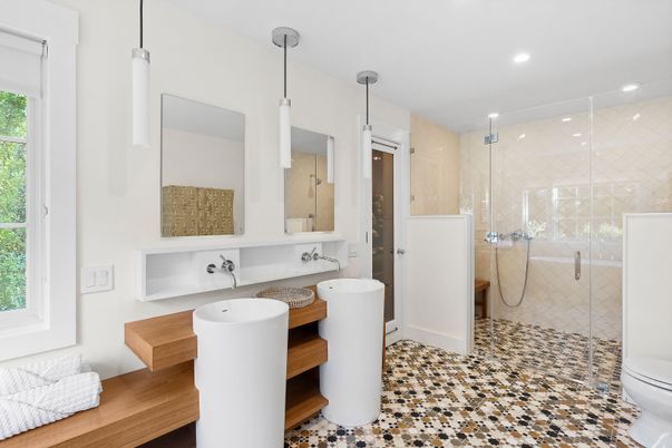 Bathroom, Dual Sink Vanities, Glass Shower, Interior, Pendant Lights, Recessed Lighting