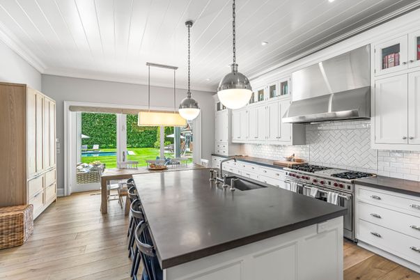 Dining room, Interior, Kitchen, Pendant Lights, Recessed Lighting, Stainless Steel Appliances, Wood Texture Flooring