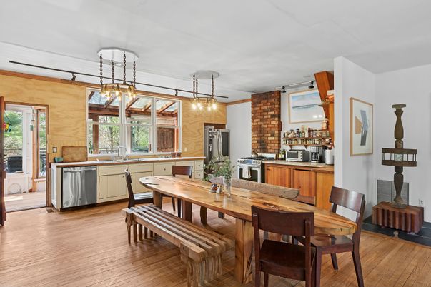 Dining room, Interior, Kitchen, Pendant Lights, Stainless Steel Appliances, Wood Texture Flooring