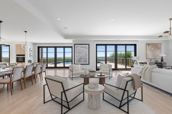 Dining room, Interior, Living room, Pendant Lights, Recessed Lighting, Water, Wood Texture Flooring