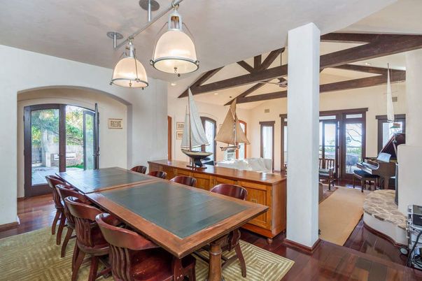 Dining room, Interior, Pendant Lights, Piano, Wooden Beams, Wood Texture Flooring