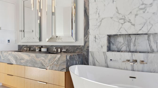 Bathroom, Dual Sink Vanities, Free Standing Baths, Interior, Marble Walls