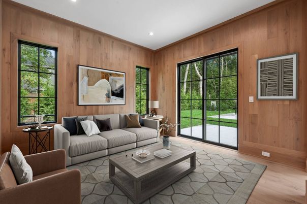 Interior, Living room, Recessed Lighting, Wood Texture Flooring, Wooden Walls