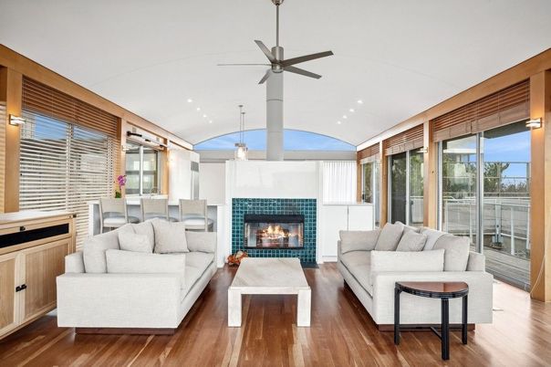 Dining room, Fireplace, Interior, Living room, Pendant Lights, Recessed Lighting, Wood Texture Flooring