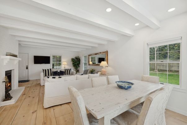 Dining room, Fireplace, Interior, Living room, Recessed Lighting, Wood Texture Flooring