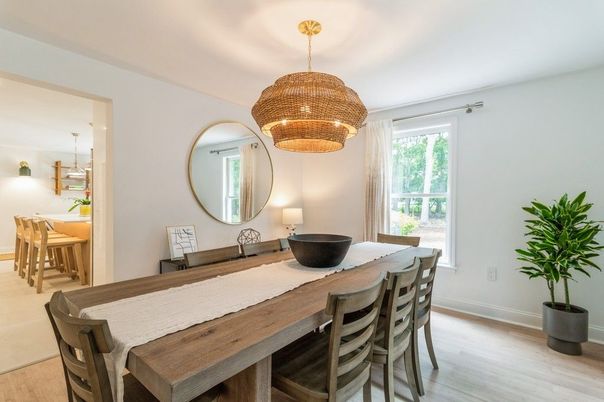 Chandelier, Dining room, Interior, Wood Texture Flooring