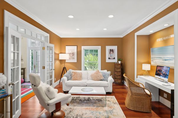 Home Office, Interior, Living room, Recessed Lighting, Wood Texture Flooring