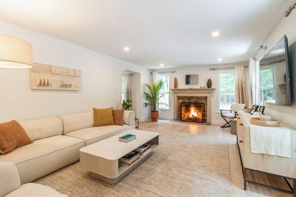 Fireplace, Interior, Living room, Recessed Lighting, Wood Texture Flooring