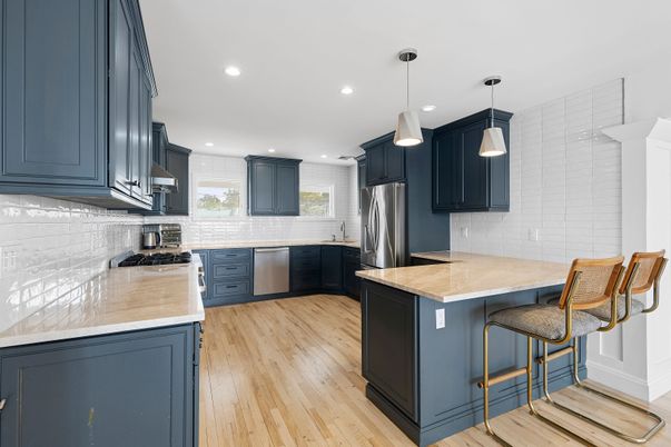 Interior, Kitchen, Pendant Lights, Recessed Lighting, Stainless Steel Appliances, Wood Texture Flooring