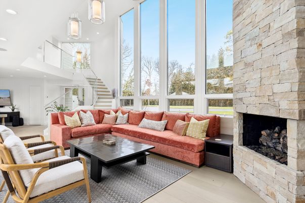 Fireplace, Interior, Living room, Pendant Lights, Recessed Lighting, Stone Walls, Wood Texture Flooring