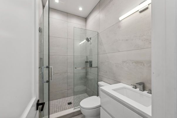 Bathroom, Glass Shower, Interior, Marble Walls, Recessed Lighting