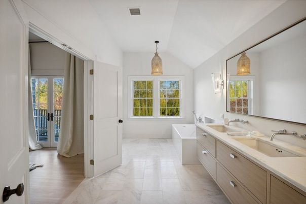 Bathroom, Dual Sink Vanities, Free Standing Baths, Interior, Marble, Pendant Lights