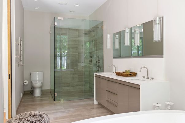 Bathroom, Dual Sink Vanities, Glass Shower, Interior, Recessed Lighting, Wood Texture Flooring