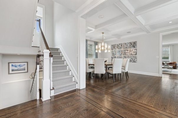 Chandelier, Dining room, Interior, Recessed Lighting, Wood Texture Flooring