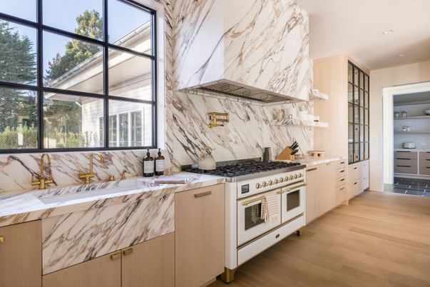 Interior, Kitchen, Marble Walls, Recessed Lighting, Wood Texture Flooring