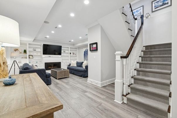Fireplace, Interior, Living room, Recessed Lighting, Wood Texture Flooring