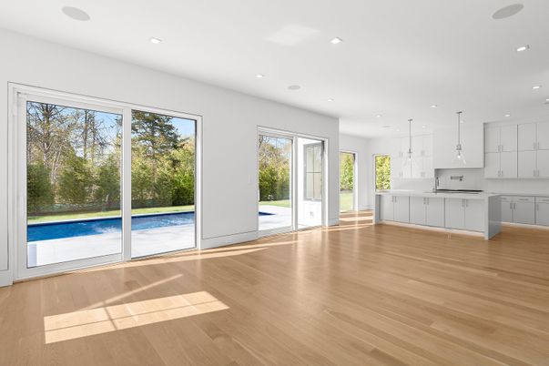 Empty room, Interior, Kitchen, Pendant Lights, Recessed Lighting, Wood Texture Flooring