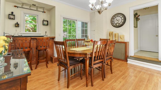 Chandelier, Dining room, Interior, Wood Texture Flooring