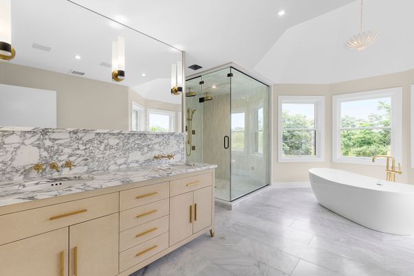 Bathroom, Dual Sink Vanities, Free Standing Baths, Glass Shower, Interior, Marble, Marble Walls, Pendant Lights, Recessed Lighting