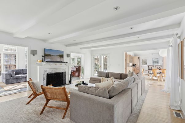 Dining room, Fireplace, Interior, Living room, Recessed Lighting, Wood Texture Flooring