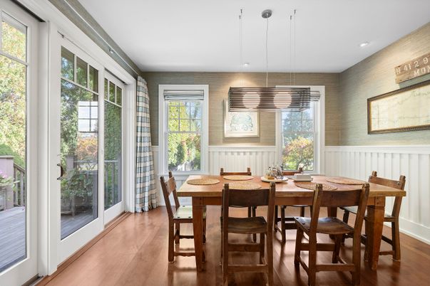 Dining room, Interior, Pendant Lights, Recessed Lighting, Wood Texture Flooring