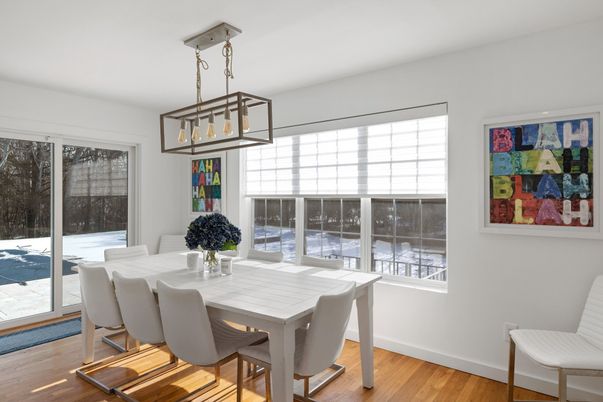 Dining room, Interior, Pendant Lights, Wood Texture Flooring