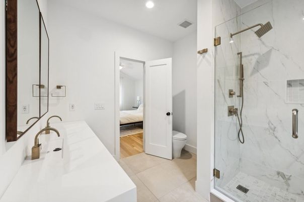 Bathroom, Bedroom, Glass Shower, Interior, Marble Walls, Recessed Lighting, Wood Texture Flooring