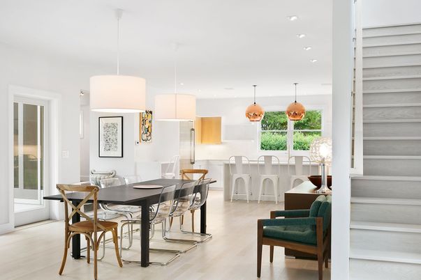 Dining room, Interior, Kitchen, Pendant Lights, Recessed Lighting, Wood Texture Flooring