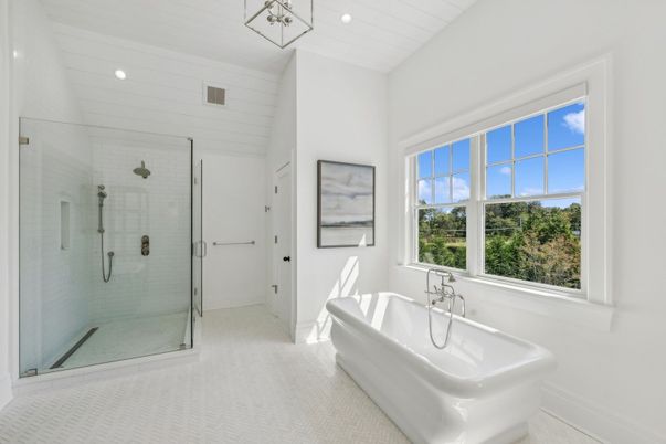Bathroom, Free Standing Baths, Glass Shower, Interior, Recessed Lighting