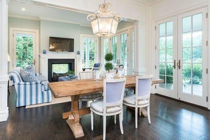Chandelier, Dining room, Fireplace, Interior, Recessed Lighting, Wood Texture Flooring