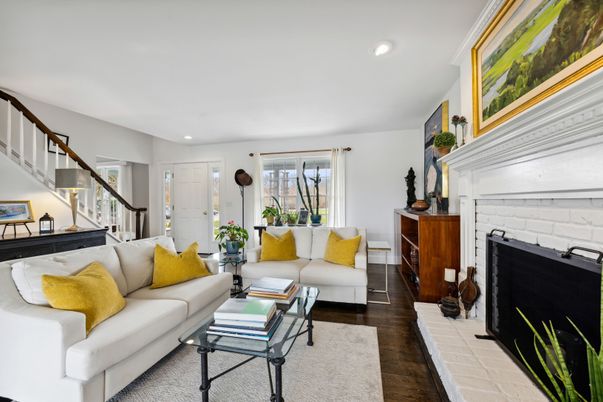 Fireplace, Interior, Living room, Recessed Lighting, Wood Texture Flooring