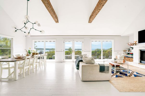 Dining room, Fireplace, Interior, Living room, Pendant Lights, Wooden Beams, Wood Texture Flooring