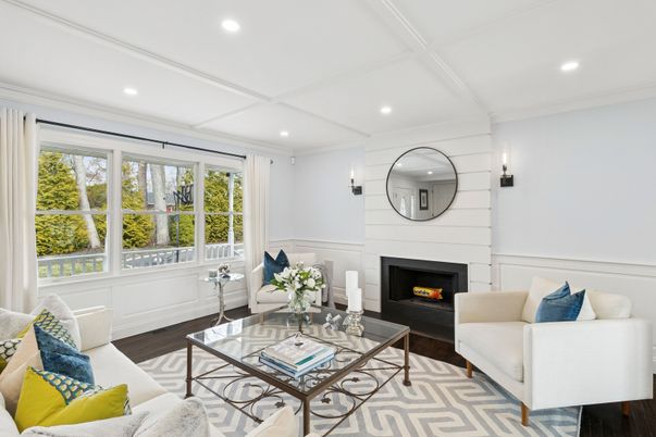 Fireplace, Interior, Living room, Recessed Lighting, Wood Texture Flooring