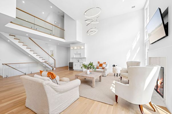 Interior, Living room, Pendant Lights, Recessed Lighting, Wood Texture Flooring