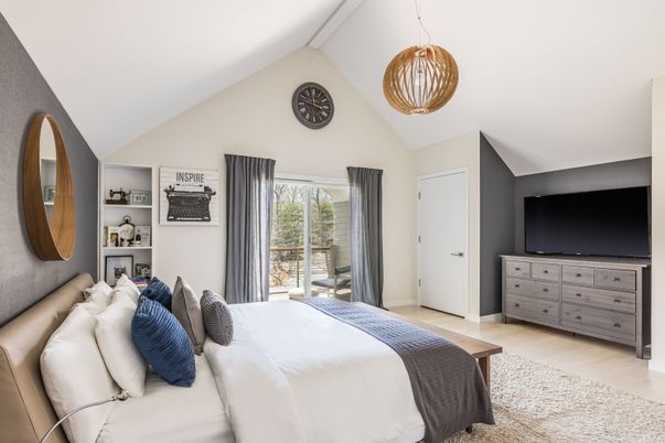 Bedroom, Interior, Pendant Lights, Wood Texture Flooring