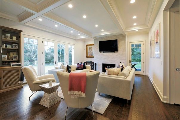 Fireplace, Interior, Living room, Recessed Lighting, Stone Walls, Wood Texture Flooring