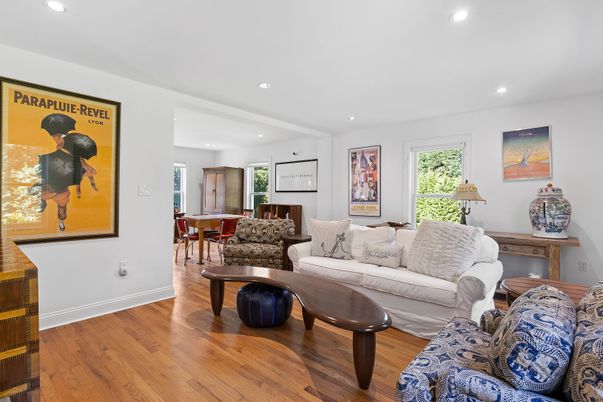 Dining room, Interior, Living room, Recessed Lighting, Wood Texture Flooring
