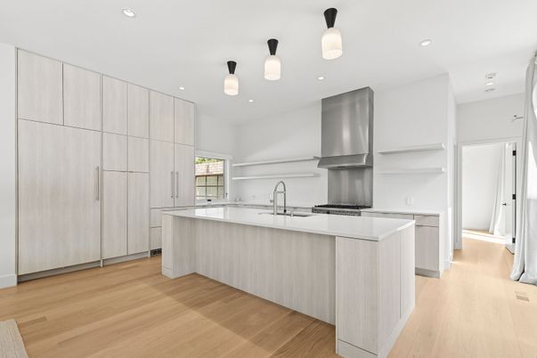 Interior, Kitchen, Pendant Lights, Recessed Lighting, Stainless Steel Appliances, Wood Texture Flooring