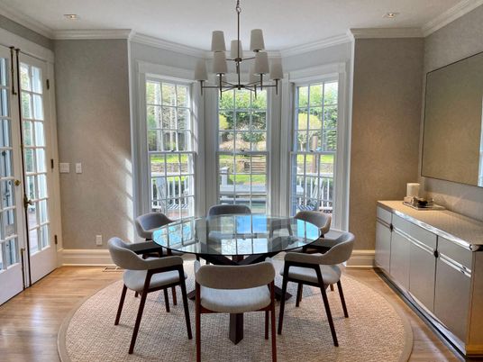 Dining room, Interior, Pendant Lights, Recessed Lighting, Wood Texture Flooring
