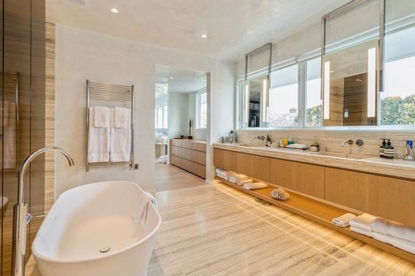 Bathroom, Dual Sink Vanities, Free Standing Baths, Interior, Recessed Lighting, Wood Texture Flooring