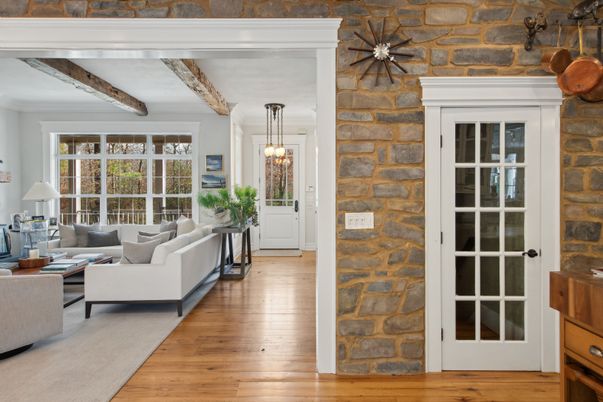 Interior, Living room, Pendant Lights, Stone Walls, Wooden Beams, Wood Texture Flooring
