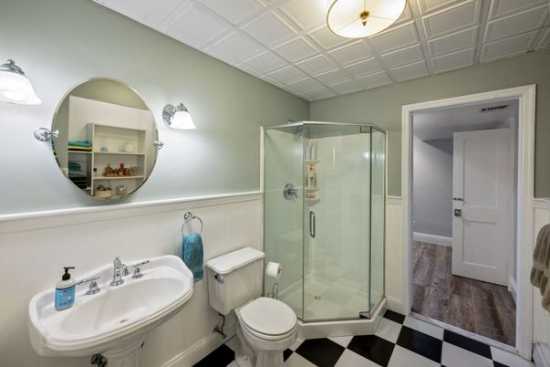 Bathroom, Glass Shower, Interior, Wood Texture Flooring