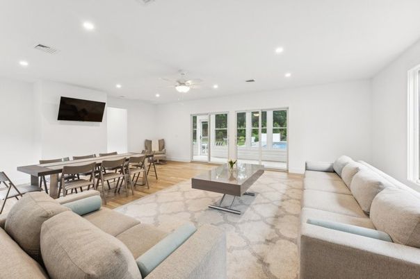 Dining room, Interior, Living room, Recessed Lighting, Wood Texture Flooring