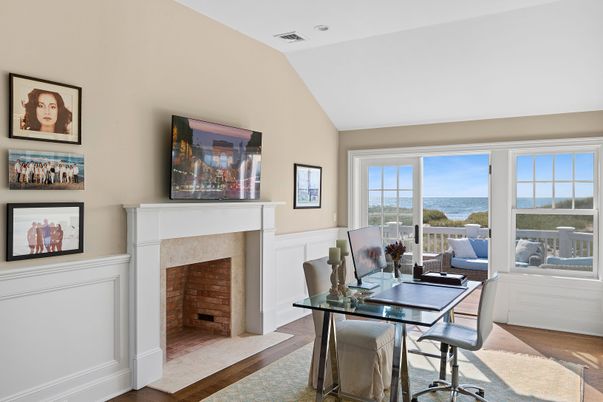 Fireplace, Home Office, Interior, Water, Wood Texture Flooring