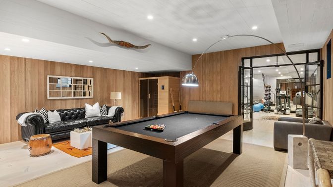 Billiard Table, Game Room, Interior, Living room, Recessed Lighting, Wood Texture Flooring, Wooden Walls