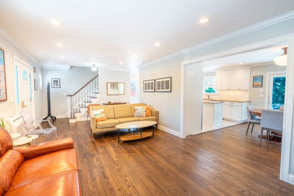 Dining room, Interior, Kitchen, Living room, Recessed Lighting, Wood Texture Flooring