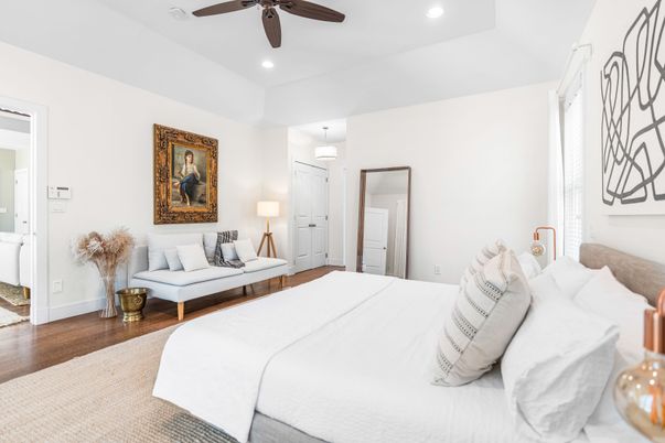 Bedroom, Interior, Pendant Lights, Recessed Lighting, Wood Texture Flooring