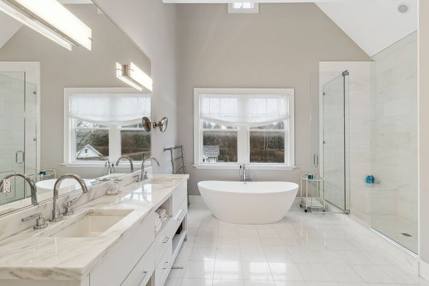 Bathroom, Dual Sink Vanities, Free Standing Baths, Glass Shower, Interior, Marble, Marble Walls
