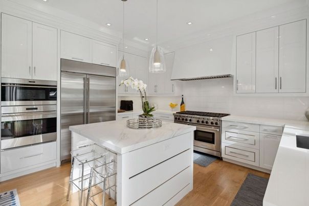 Interior, Kitchen, Pendant Lights, Recessed Lighting, Stainless Steel Appliances, Wood Texture Flooring